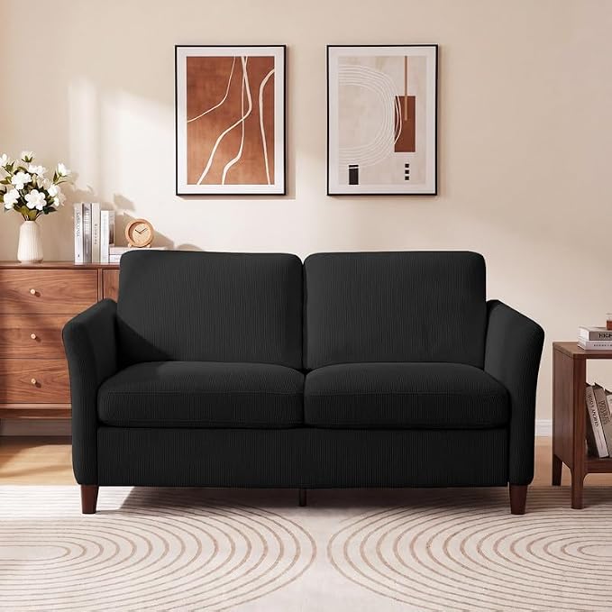 Valthie 61" Corduroy Loveseat Sofa, Modern Comfy Couches with Side Pocket, 2-Seater Sofa Couch for Living Room, Bedroom and Small Spaces,Black