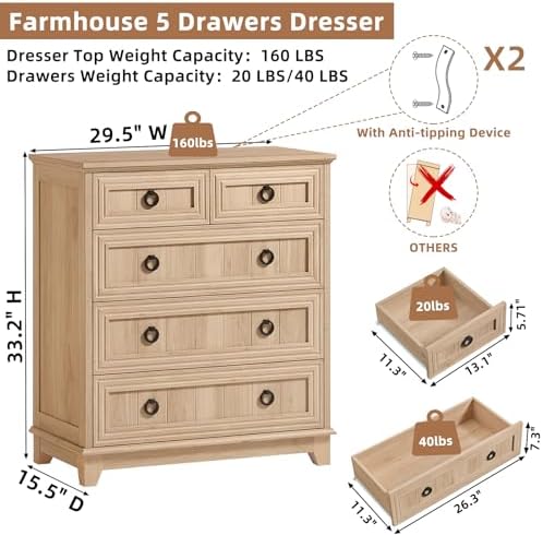 Joaxswe Farmhouse 5 Drawer Dresser for Bedroom Set of 2, 33.2" Tall Small Dressers & Chest of Drawers, Rustic Wood Dresser with Metal Handle, Storage Organizer Closet for Living Room, Hallway,Entryway