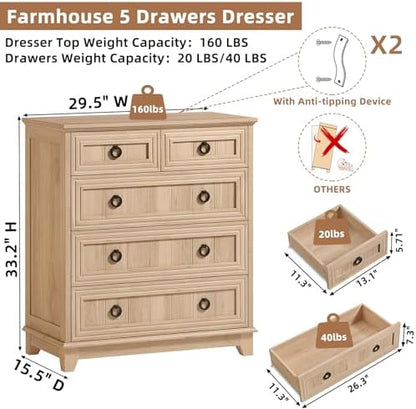 Joaxswe Farmhouse 5 Drawer Dresser for Bedroom Set of 2, 33.2" Tall Small Dressers & Chest of Drawers, Rustic Wood Dresser with Metal Handle, Storage Organizer Closet for Living Room, Hallway,Entryway
