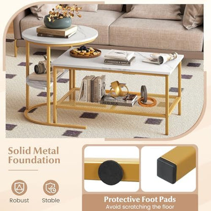 GOFLAME Nesting Coffee Table Set of 2, 2 PCS Nesting Tables with Faux Marble Top and Extra Storage Shelf, Modern Round End Table & Rectangular Coffee Tables for Living Room, Bedroom, Gold+White