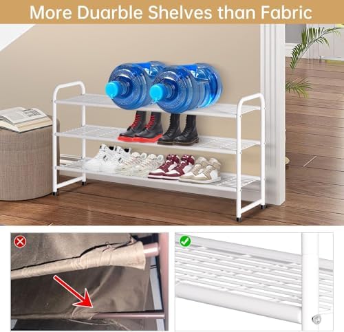 3-Tier Long Shoe Rack for Closet Metal Shoe Organizer for Entryway, Wide Stackable Shoe Storage Shelf with Sturdy Wire Grid for Closet Floor, Bedroom, White
