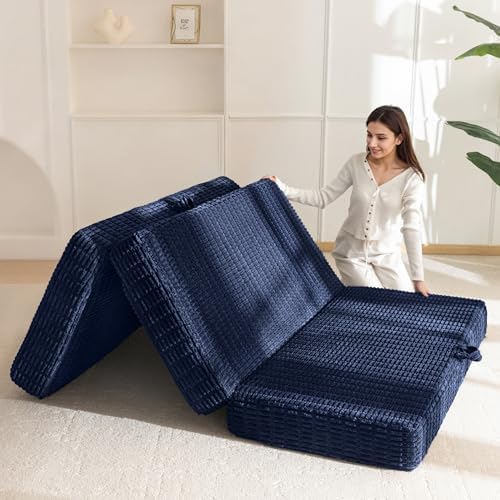 BYBYME Corduroy Memory Foam Tri-Folding Mattress, 6 Inch Gel Folding Mattress Topper, Foldable Soft Guest Bed Camping Pad, with Washable Cover (Navy, Queen)