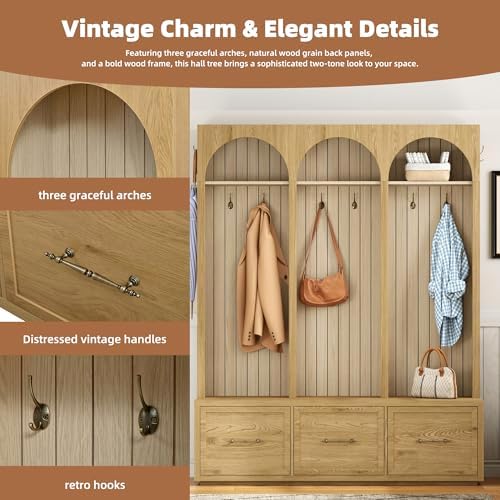 Merax Farmhouse Wood Hall Tree with Shoe Bench and 3 Drawers, Natural