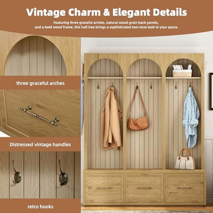 Merax Farmhouse Wood Hall Tree with Shoe Bench and 3 Drawers, Natural