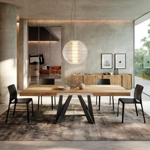 Mobili Fiver, Romina Extendable Table 63(94.5) x35.4 in, Rustic Oak with Black Iron Legs, Made in Italy
