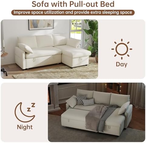 Sofa Bed, 80'' L-Shaped Chenille Sleeper Sofa, Beige