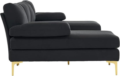 Karl home Convertible Sectional Sofa 110" U-Shape Sofa Couch 4-Seat Couch with Chaise Fabric Upholstered for Living Room, Apartment, Office, Black
