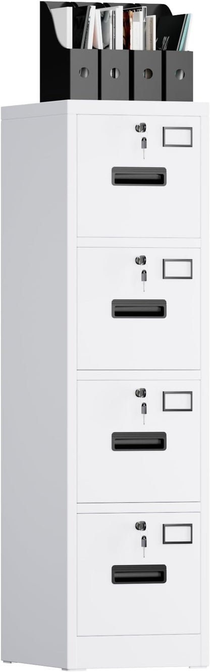 Garvee 4-Drawer White Metal File Cabinet with Individual Locks, Heavy-Duty Steel Vertical Filing Cabinet for A4, Letter & Legal Size Documents, Locking Storage Cabinet for Home Office & School