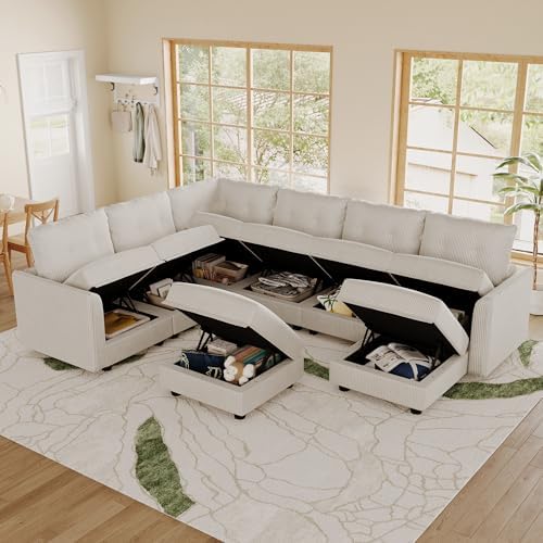 LLappuil Modular Storage Sectional Sofa with Ottoman, U Shaped 8-Seat Corduroy Couch with 7 Throw Pillows, Convertible Sofa Set for Living Room, Skin-Friendly & Soft, Scratch Resistant, Beige