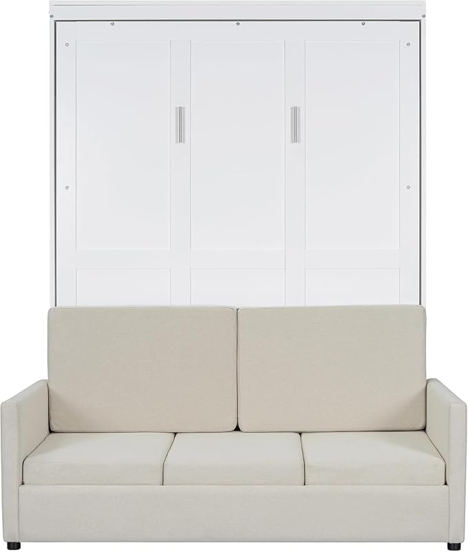MERITLINE Full Murphy Bed with Couch,Wood Murphy Bed Cabinet with Sofa,Fold up Bed White Murphy Wall Bed Full Size