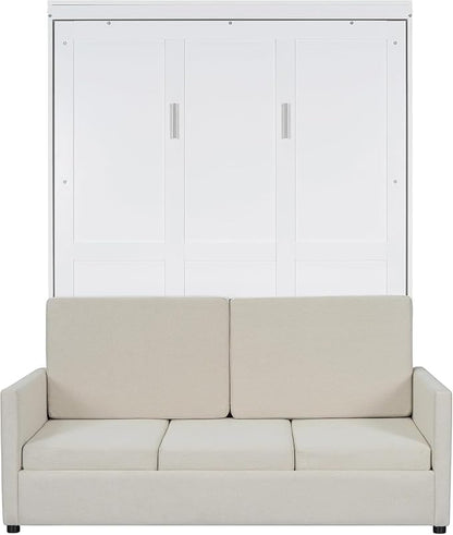 MERITLINE Full Murphy Bed with Couch,Wood Murphy Bed Cabinet with Sofa,Fold up Bed White Murphy Wall Bed Full Size