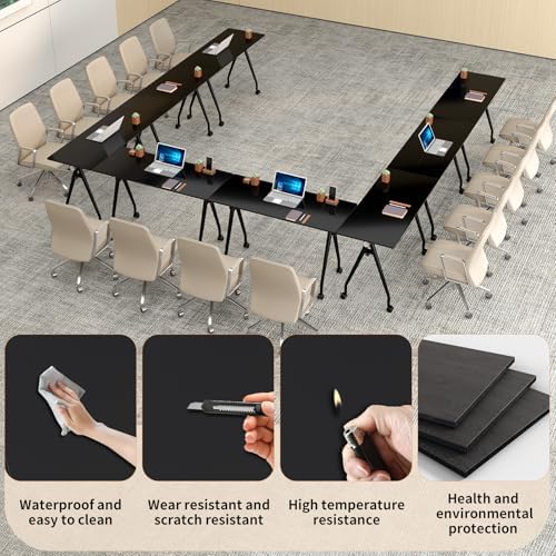 Folding Conference Table with Wheels, 8 Pack Modular Flip Top Conference Tables for Training Rooms, Mobile Modern Office Table, 47.2 Inch Large Conference Room Table, Black