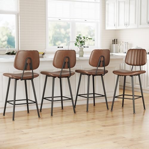 Raynesys 24-Inch Leather Bar Stools Set of 4 with High Backrest, Dark Brown