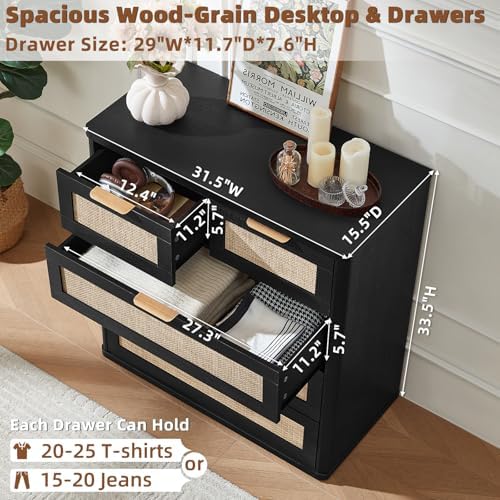 LEYAOYAO Rattan Dresser for Bedroom, 33.5" Tall Chest of Drawers, Modern 5 Drawers Boho Dressers with Storage, Light Oak Dresser Wooden Closet Organizer for Living Room, Hallway, Black