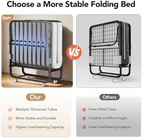 Decofy 75"x38" Folding Bed with Mattress Rollaway Beds on Wheels10 Tubes