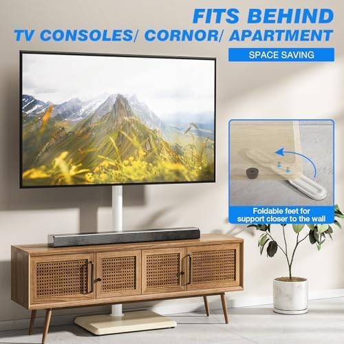 Rfiver Swivel Floor TV Stand with Mount for 32-65 inch TVs up to 88 lbs, Height Adjustable Tall TV Stand with Wood Base, Saving Space Design for Bedroom, Living Room and Corner, Oak