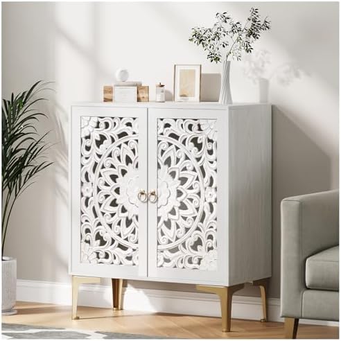 JOINICE 31.5" White Accent Cabinet with Carved Doors & Storage, Set of 2