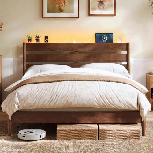 VASAGLE Queen Bed Frame, Wood Platform Bed with Headboard Storage Shelf