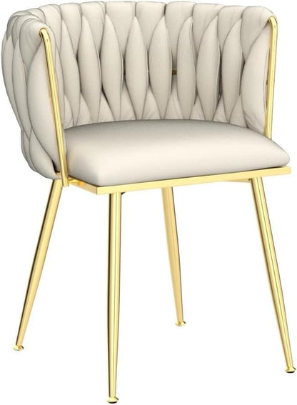 Velvet Dining Chairs Set of 6, Modern Upholstered Dining Room Chairs with Golden Metal Legs and Woven Backrest for Dining Room, Kitchen, Vanity, Living Room (Beige)