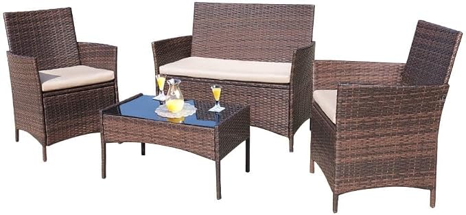 Brown & Beige 4-Piece PE Wicker Patio Furniture Set, Indoor Outdoor All Weather Rattan Conversation Chairs for Porch, Garden, Poolside & Balcony