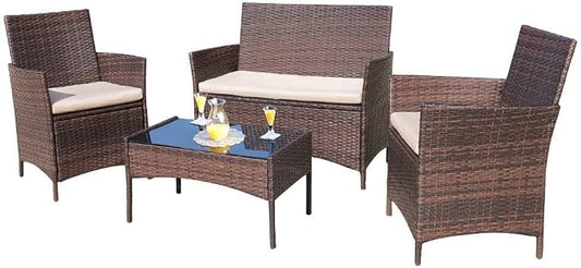 Brown & Beige 4-Piece PE Wicker Patio Furniture Set, Indoor Outdoor All Weather Rattan Conversation Chairs for Porch, Garden, Poolside & Balcony