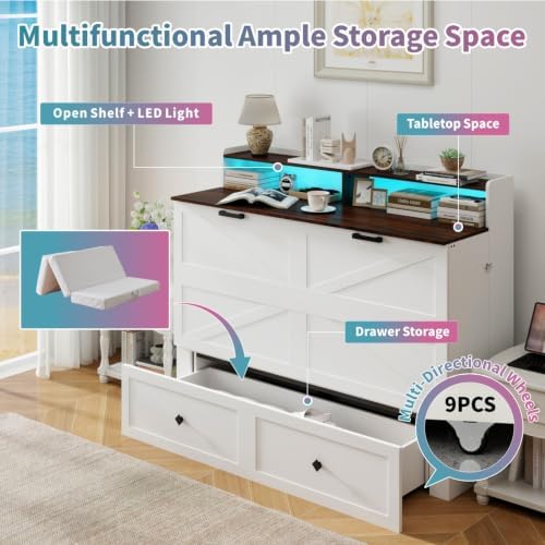 Vipbear Queen Murphy Bed Cabinet with LED Lights & Charging Station