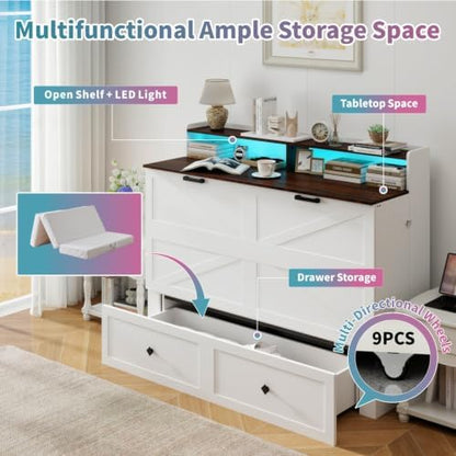 Vipbear Queen Murphy Bed with Mattress Included with LED Lights & Storage
