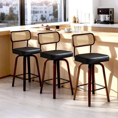 VINGLI Modern Bar Stool 26" H, PU Leather with Rattan Back, 360° Swivel, Solid Wood Legs Barstools for Kitchen Island & Home Bar, Black 3 Pack