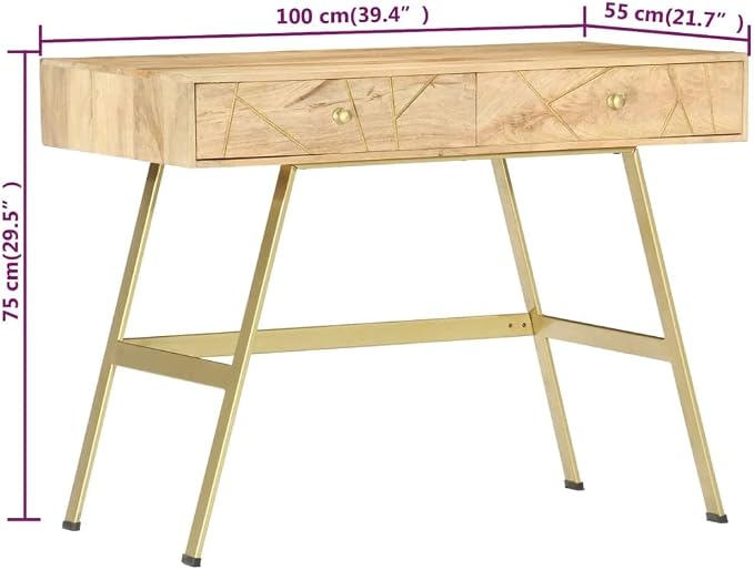 vidaXL Writing Desk, Computer Desk with Storage Drawers, Console Table with Steel Legs for Living Room Hallway, Modern Style, Solid Wood Mango
