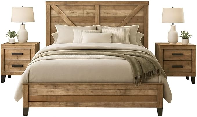 Kings Brand Furniture 3-Piece Queen Bedroom Set with 2 Nightstands | Antique natural finish, engineered wood, queen bed, 2 matching nightstands, traditional style, master or guest bedroom