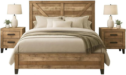 Kings Brand Furniture 3-Piece Queen Bedroom Set with 2 Nightstands | Antique natural finish, engineered wood, queen bed, 2 matching nightstands, traditional style, master or guest bedroom