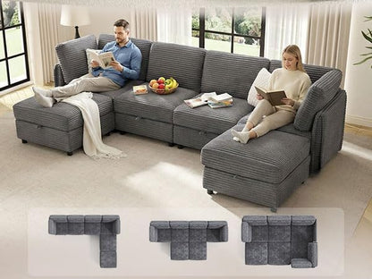 KKL Modular Sectional Sofa U-Shaped 6 Seater Couch with Storage Ottoman, Convertible L-Shaped Plush Wide-Wale Corduroy Couch for Living Room, Apartment, Modern Design, Gray