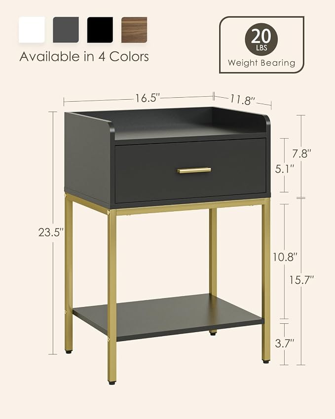 Masupu Nightstand,Bedside Table 3-Tier Modern Night Stand with Storage Drawer and Shelf,Small End Side Table for Bedroom,Living Room,Black (Without Outlet, Black)