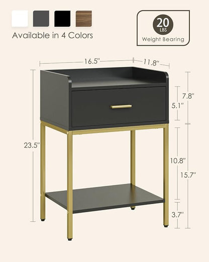 Masupu Nightstand,Bedside Table 3-Tier Modern Night Stand with Storage Drawer and Shelf,Small End Side Table for Bedroom,Living Room,Black (Without Outlet, Black)