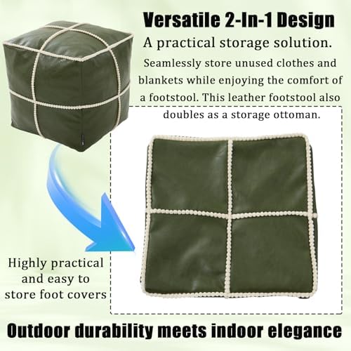 Louis Donné 18 Inch Square Unstuffed Pouf Ottoman Cover, Waterproof Faux Leather Moroccan Boho Footstool, Easy Clean Green Storage Foot Rest Decor for Living Room (Cover Only, No Filler)