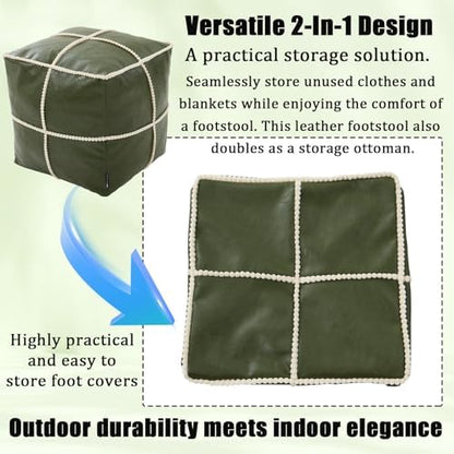 Louis Donné 18 Inch Square Unstuffed Pouf Ottoman Cover, Waterproof Faux Leather Moroccan Boho Footstool, Easy Clean Green Storage Foot Rest Decor for Living Room (Cover Only, No Filler)
