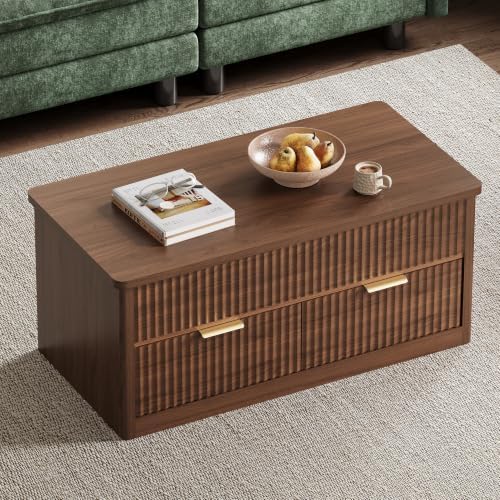 LINSY Lift Top Coffee Table with Hidden Storage, Adjustable Shelf, Walnut | Modern Farmhouse Wood Coffee Table for Living Room with Metal Handles, Fluted Design
