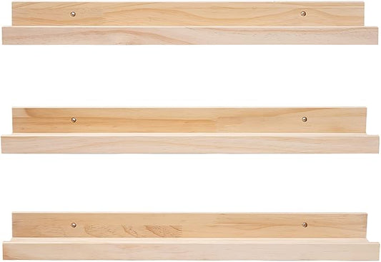 MBYD 24 Inch Floating Shelves Natural Wood Set of 3, Wall Mount Picture Ledge Wooden Wall Shelf for Home Decoration Nursery Book Shelves for Bedroom, Living Room, Office, Kitchen, 3 Same Dimensions