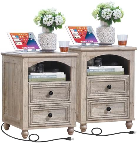 RWYHG 18" Night Stand Set 2 with Charger Station, Nightstand with 2 Drawers