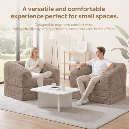Boneless Chair Futon Sofa Bed,Convertible Sleeper Chair with Pull Out Handle,Fold Out Chair Bed Small Boneless Couch for Living Room, Guest Room,Bedroom,Brown