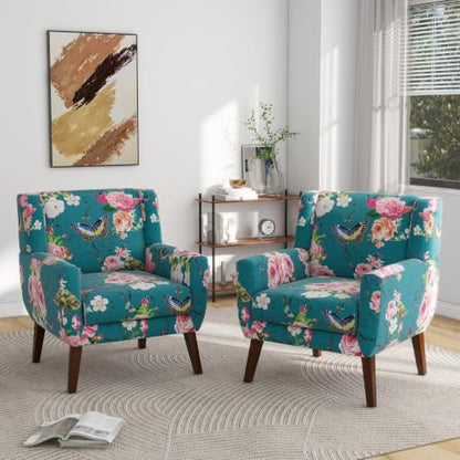 Mid Century Modern Button Tufted Blue Patterned Set of 2 Accent Armchair