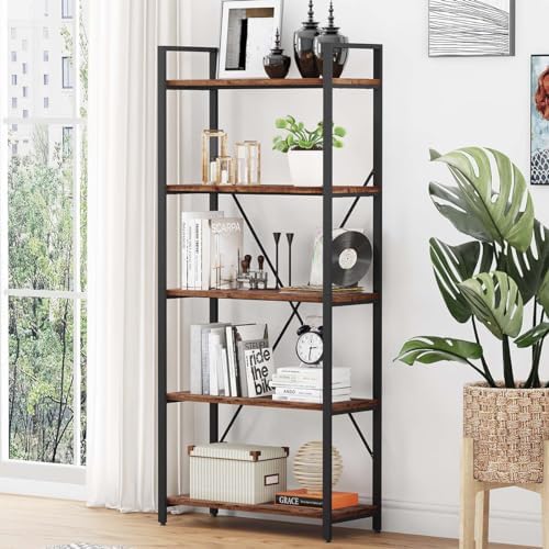 Industrial Bookshelf, Etagere Bookcases and Book Shelves 5 Tier, Rustic Wood and Metal Shelving Unit (Rustic Oak)