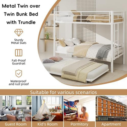 SDHYL Twin Over Twin Bunk Bed with Trundle, Heavy Duty Metal Bunk Beds Frame with Safety Guardrail & Ladder, Noise Reduced, No Box Spring Needed, Space-Saving, White