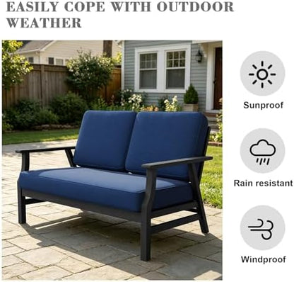 Pia Ricoo Outdoor Premium Teak Wood Loveseat with Armrests, All‑Weather Outdoor Furniture for Backyard, Deck, Lawn, Navy/Dark