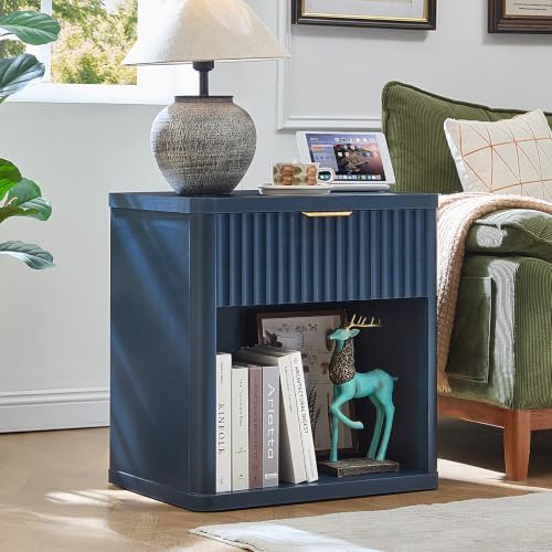LEYAOYAO Fluted Nightstand with Charging Station, 23" Wide 1 Drawers End Table,Blue Night Stand with Open Storage Cabinet, Farmhouse Bed Side Tables, Wood Dresser for Bedroom, Living Room, Closet
