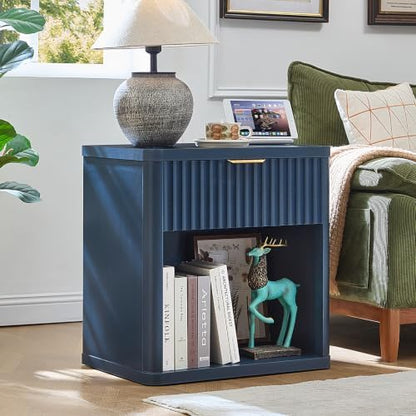 LEYAOYAO Fluted Nightstand with Charging Station, 23" Wide 1 Drawers End Table,Blue Night Stand with Open Storage Cabinet, Farmhouse Bed Side Tables, Wood Dresser for Bedroom, Living Room, Closet