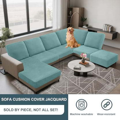 UNBBRRL Seat Cushion Cover and Back Covers for Corner Sofa Stretch Jacquard, Non Slip L Shaped Sofa Slipcover with Storage Ottoman, Sectional Couch Cover for Chaise Lounge (Lake Green,39 x 69 x 6”)