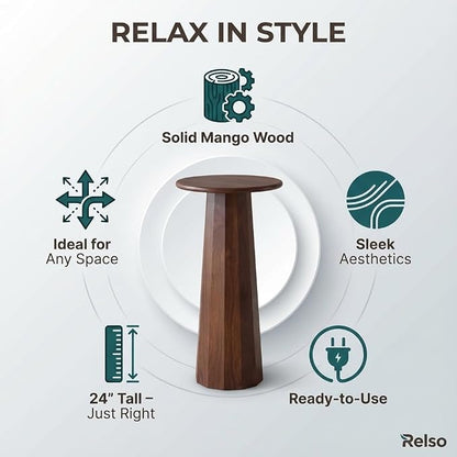 Relso Enteka Solid Mango Wood End Table – 24" Tall Accent Side Table with Walnut Finish | Handcrafted Coffee Table, No Assembly Required | Perfect for Modern Living Rooms, Farmhouses, Small Spaces