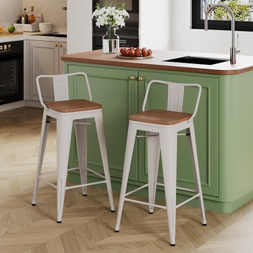 Yongchuang 30 inch Bar Stools Set of 2 Kitchen Bar Height Chairs with Wood Seat Industrial Low Back Metal Barstools Cream White