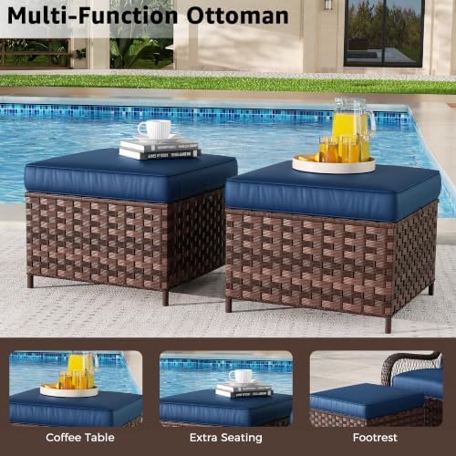 5 Piece Wicker Patio Furniture Set, Rattan Patio Chairs with High Back, Deep Seating, Wide Armrest, Thickened Cushions, Outdoor Furniture for Deck, Porch Use, Blue